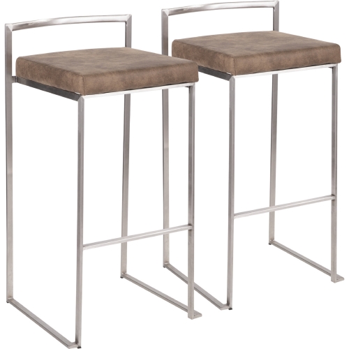 Fuji Stackable 31" Bar Stool in Brown Cowboy Fabric & Stainless Steel (Set of 2)